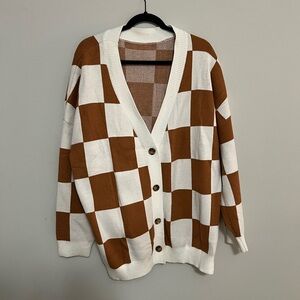 Brown and White Checkered Cardigan
